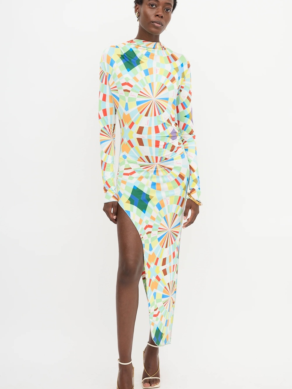 SIEDRES Multicolor Geometric Long-Sleeve Midi Dress - Blue, Green, Yellow
